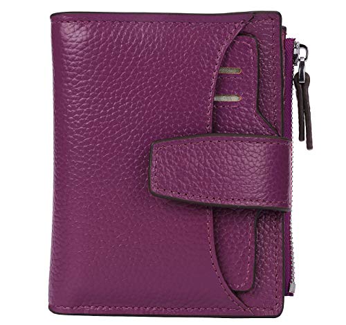 AINIMOER Women's RFID Blocking Leather Small Compact Bi-fold Zipper Pocket Wallet Card Case Purse (Lichee Dark Magenta)