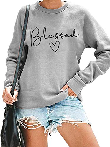 Blessed Sweatshirt for Women Letter Print Lightweight Thanksgiving Pullover Tops Blouse (Grey, Medium)