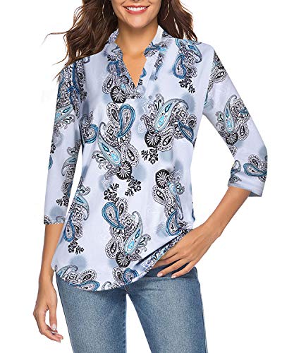 CEASIKERY Women's 3/4 Sleeve Floral V Neck Tops Casual Tunic Blouse Loose Shirt 011