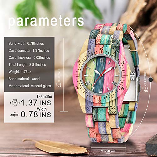 Women's All Wood Colorful Bamboo Wristwatch with Wood Strap