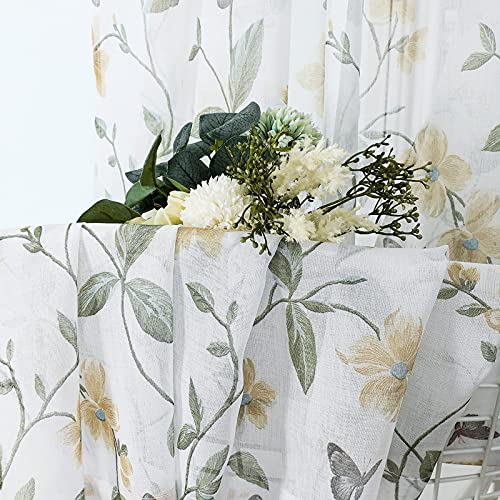 Tollpiz Short Sheer Floral Tier Curtains Yellow Flower Butterfly Printed Half Window Curtain Rod Pocket Kitchen Voile Faux Linen Curtains for Bathroom, 30 x 24 inches Long, Set of 2 Panels