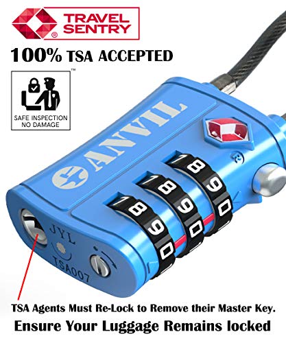 TSA Approved 3 Digit Luggage Cable Locks, Small Combination Padlock Ideal for Travel - 4 Pack (Blue 2 Pack)
