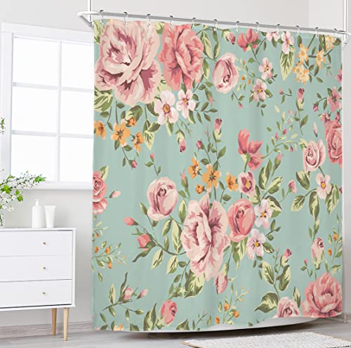 Blooming Green Leaves & Pink Flowers Fabric Shower Curtain w/12 Hooks Set