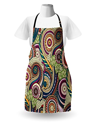Lunarable Batik Apron, Funk Design Circle Forms Made Floral Lines and Paisley Shapes Style, Unisex Kitchen Bib with Adjustable Neck for Cooking Gardening, Adult Size, Teal Pink