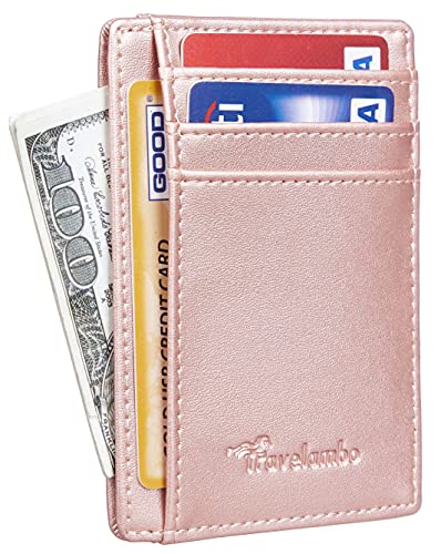 Travelambo Front Pocket Minimalist Leather Slim Wallet RFID Blocking Medium Size(Rose Gold)