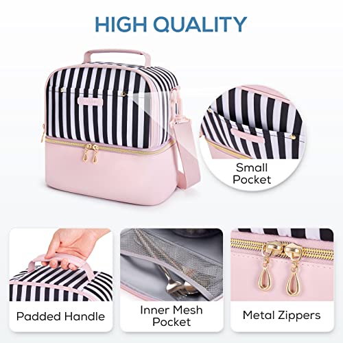 TOURIT Lunch Bag Women Double Deck Lunch Box Insulated Lunch Cooler for Women Men Work, School, Pink Stripes