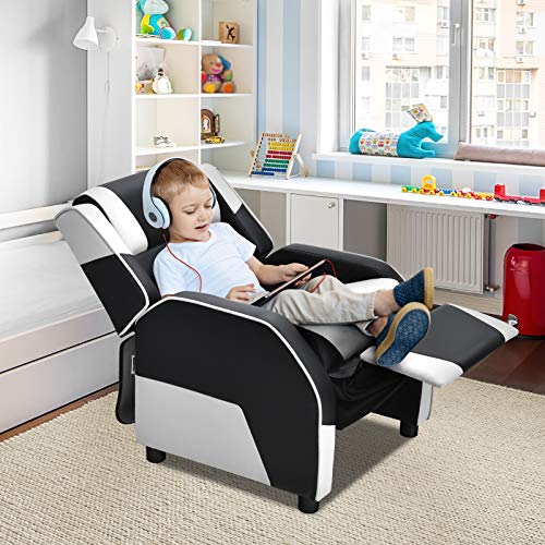 Costzon Kids Recliner, Gaming Recliner Chair w/Footrest, Headrest & Lumbar Support, Ergonomic Leather Lounge Chair for Living & Gaming Room, Adjustable Racing Style Sofa for Children Boys Girls, White