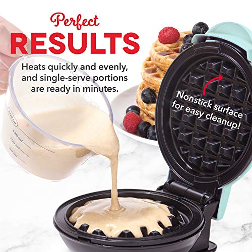 Dash Mini Waffle Maker for Individual Waffles, Hash Browns, Keto Chaffles with Easy to Clean, Non-Stick Surfaces, 4 Inch, Aqua DMW001AQ