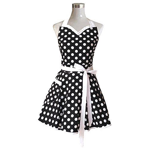 Hyzrz Lovely Sweetheart Retro Kitchen Aprons Woman Girl Cotton Polka Dot Cooking Salon Pinafore Vintage Apron Dress Mother‘s Gift (Black)