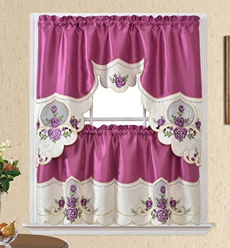GOHD GOLDEN OCEAN HOME DECOR Rose Melody. 3pcs Kitchen Cafe Curtain Set. Swag and 24 inches Tiers Set for Small Windows. Nice Matching Color Rose Embroidery on Border and Inserted Organza. (Fuchsia)