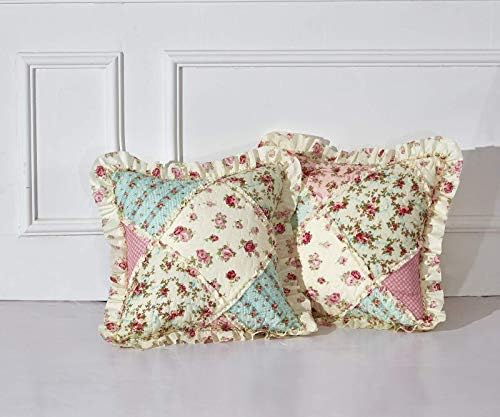 Ruffled Throw Pillows Cover Set, Sunshine Pink and Green Rose Patchwork Quilted, 18x18, Pack of 2