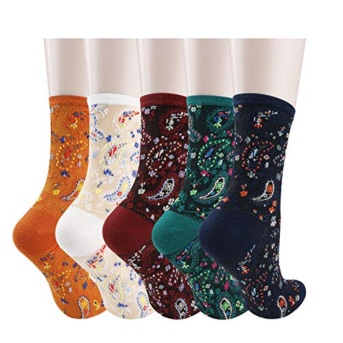 Womens Gils Novelty Funny Funky Crew Socks Colorful Crazy Cute Floral Animal Food Patterned Cotton Dress Socks Gifts,5 Pair Paisley Flower