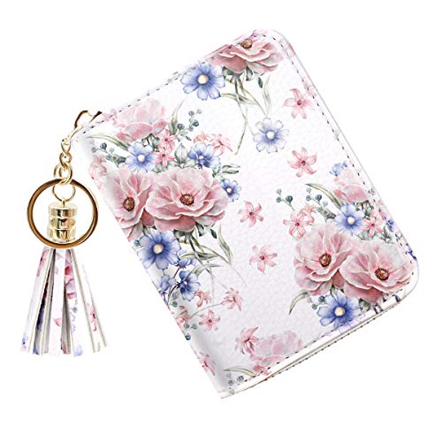 RFID Blocking Pocket Wallet and Card Holder with Tassel, Pink and Blue Flowers