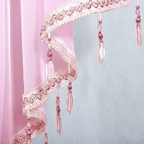 Popuid Swag Window Sheer Voile Ascot Valance with Tassel Beads Rod Pocket Elegant Treatment Valances for Farmhouse Kitchen Cafe Bedroom 51 by 24 Inches (Pink, 3 Panels)