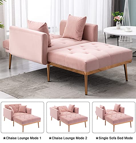 Velvet 2 in 1 Chaise Lounge Chair Indoor, Modern Single Sofa Bed with Two Pillows, Recliner Chair with 3 Adjustable Angles, Convertible Sleeper Chair for Living Room and Bedroom (Pink)