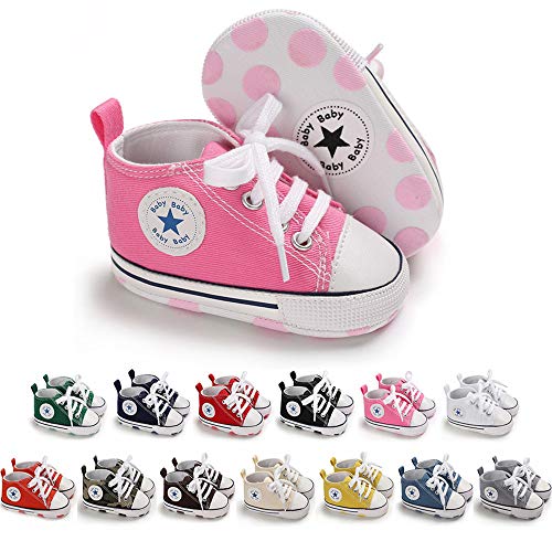 Baby or Toddler Girls or Boys Canvas Sneakers, Soft Sole, High Top First Walkers Shoes, 22 colors  (Pink)