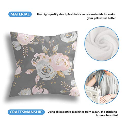Hwensona Golden Blush Roses Floral On Gray Summer Watercolor Glitter Flowers Throw Pillow Covers and Cases Modern, Decorative Cover Sets for Pillows - Couch, Bed, Home Decor (18" 18")