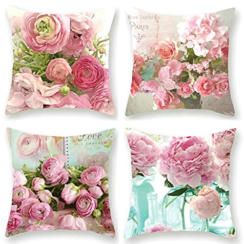 Pink Rose Floral 4-Piece Vivid Colors Pillow Covers, 18 x 18 inches