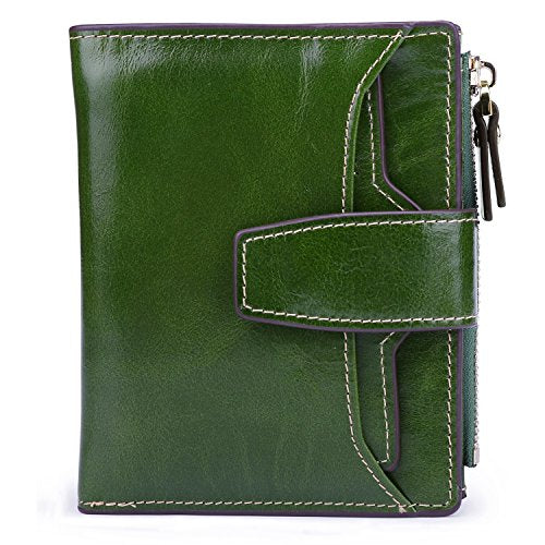 AINIMOER Women's RFID Blocking Leather Small Compact Bi-fold Zipper Pocket Wallet Card Case Purse (Waxed Green)