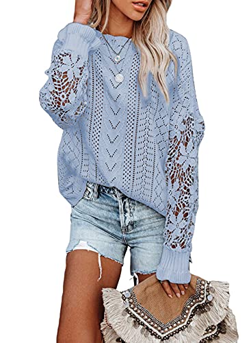 Women's Lantern Sleeve Lace Knit Crew Neck Pullover Sweater Top, Sizes Small to 2XL  (11 colors)