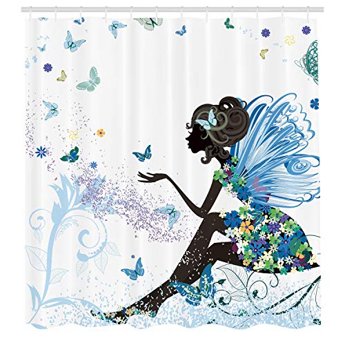 Ambesonne Fantasy Shower Curtain, Spring Girl Wings in a Floral Dress Surreal Garden Butterflies Print, Cloth Fabric Bathroom Decor Set with Hooks, 69" W x 70" L, Lime Green