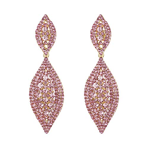Pink and Gold Women's Rhinestone Crystal Wedding Bridal 2-Leaf Drop Dangle Chandelier Earrings