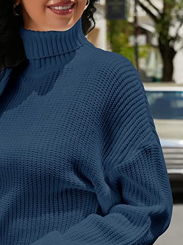 ZAFUL Women's Cropped Turtleneck Sweater Lantern Sleeve Ribbed Knit Pullover Sweater Jumper (2-Blue, M)