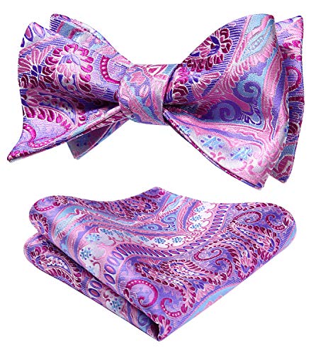 HISDERN Bow Ties for Men Pink Floral Paisley Self Tie Bow Tie Pocket Square Classic Formal Woven Bowties Tuxedo Wedding Bowtie Handkerchief Set