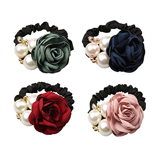 LOVEF 4Pcs Korean Fashion Pearl Hair Rope Rose Flower Hair band Rhinestone Hair Ties Rubber Band Hair Jewelry