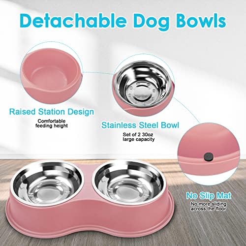 Dog or Cat Food and Water Bowl, Spill Proof, Non-Skid Stainless Steel Split Double Bowl for Pets (7 colors)