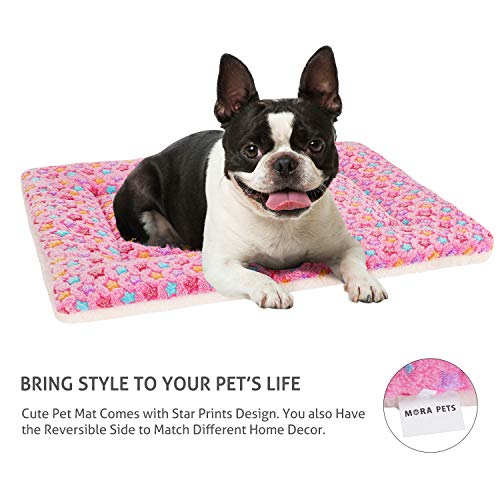 Ultra Soft Pet (Dog/Cat) Bed Mat with Cute Prints | Reversible Fleece Dog Crate Kennel Pad | Machine Washable Pet Bed Liner (24-Inch, Pink)