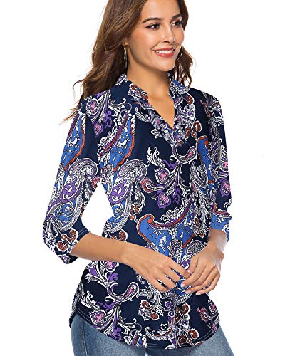 CEASIKERY Women's 3/4 Sleeve Floral V Neck Tops Casual Tunic Blouse Loose Shirt 008