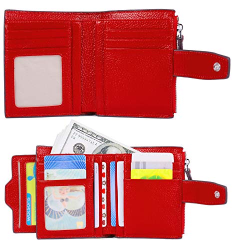 AINIMOER Women's RFID Blocking Leather Small Compact Bi-fold Zipper Pocket Wallet Card Case Purse (Lichee Red)