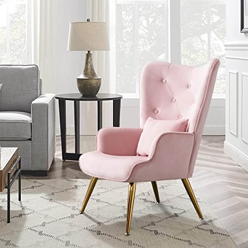 Altrobene Modern Accent Chair, Velvet Lounge Chair, Living Room/Bedroom Arm Chair with Pillow, Button Tufted, Golden Finished, Pink