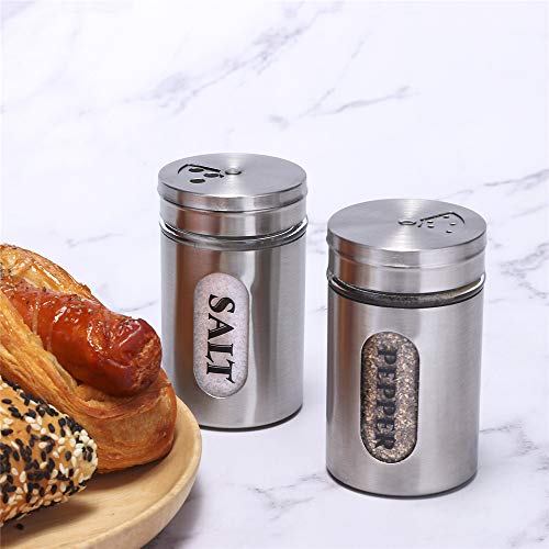 Salt and Pepper Shakers Stainless Steel and Glass Set with Adjustable Pour Holes(Silvery)