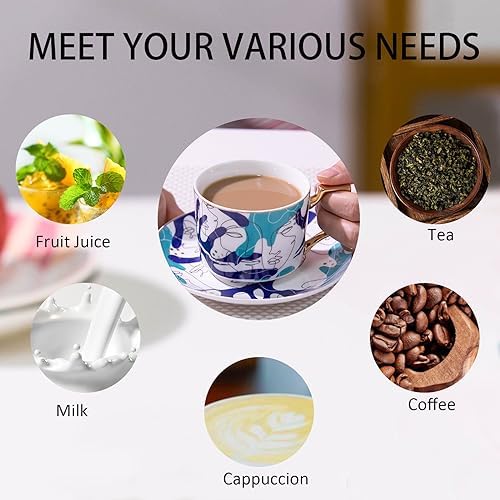 ICHAG Cups and Saucers Set of 6, Coffee Mugs, Tea Cups Set with Bowknot, Tea Set, 18-piece, Cup with 8.4oz, Golden Spoon, For Tea Party, Christmas Gifts, Gifts for Home Office