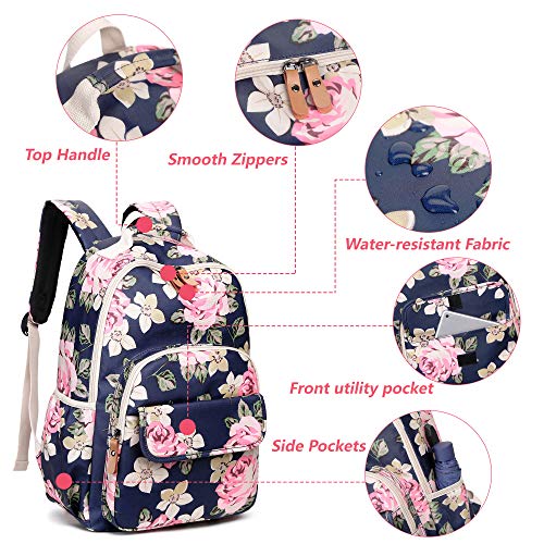 Pink and Black Floral School Girl's Backpack, Bookbag, Daypack w/USB Charging Port