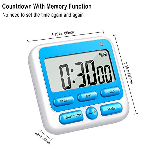 KTKUDY Digital Kitchen Timer with Mute/Loud Alarm Switch ON/Off Switch, 24 Hour Clock & Alarm, Memory Function Count Up & Count Down for Kids Teachers Cooking, Large LCD Display, Strong Magnet (Blue)