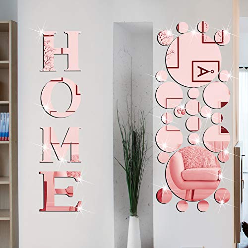 Home Sign Letters Acrylic Mirror Wall Stickers Solid Circle Wall Stickers 3D Mirror Wall Decals DIY Removable Mirror Wall Stickers for Home Living Room Decoration (Rose Gold)