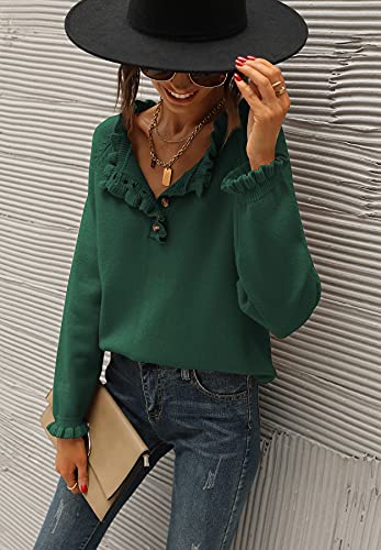 BTFBM Women's Sweaters Casual Long Sleeve Button Down Crew Neck Ruffle Knit Pullover Sweater Tops Solid Color Striped (Solid Dark Green, Medium)