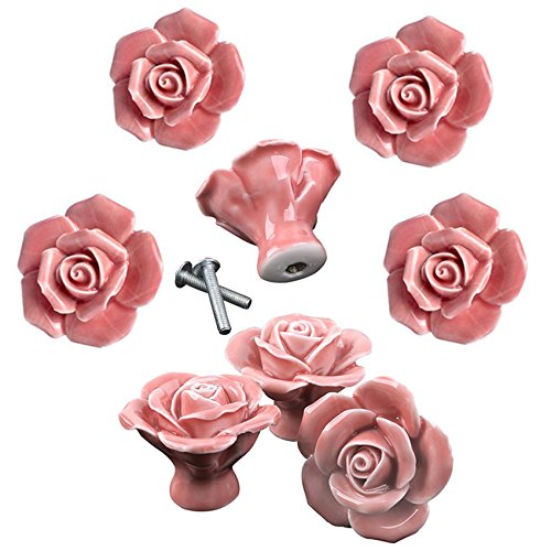 DLD Knobs, 8Pcs Elegant Pink Rose Pulls Flower Ceramic Cabinet Knobs Cupboard Drawer Pull Handles + Scre