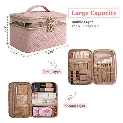 Quilted Double Layer Makeup Case Organizer w/Carry Handle & Gold Hardware, Pink or Black