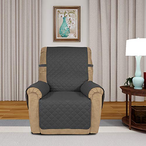 PureFit Reversible Quilted Recliner Sofa Cover, Water Resistant Slipcover Furniture Protector, Washable Couch Cover with Elastic Straps for Kids, Dogs, Pets (Recliner, Dark Gray/Beige)