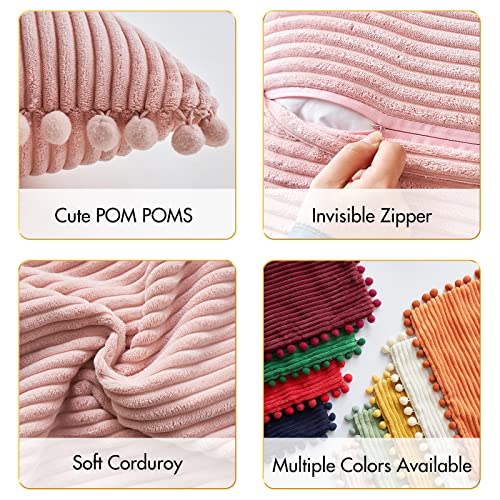 MIULEE Boho Decorative Throw Pillow Covers with Pom-poms, Soft Corduroy Square Solid Lumbar Cushion Cases for Spring Couch Sofa Bedroom, 18x18 inch Pink