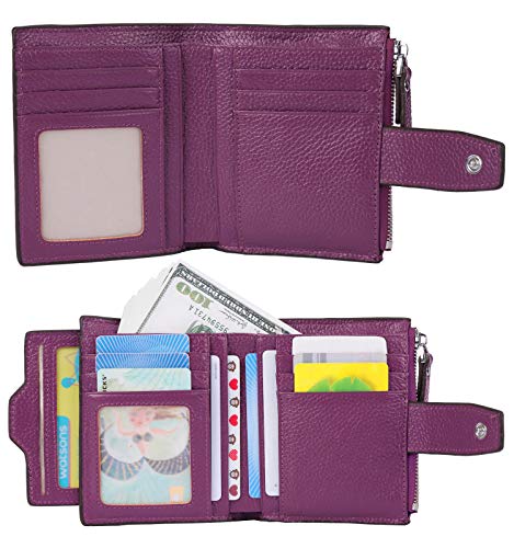 AINIMOER Women's RFID Blocking Leather Small Compact Bi-fold Zipper Pocket Wallet Card Case Purse (Lichee Dark Magenta)