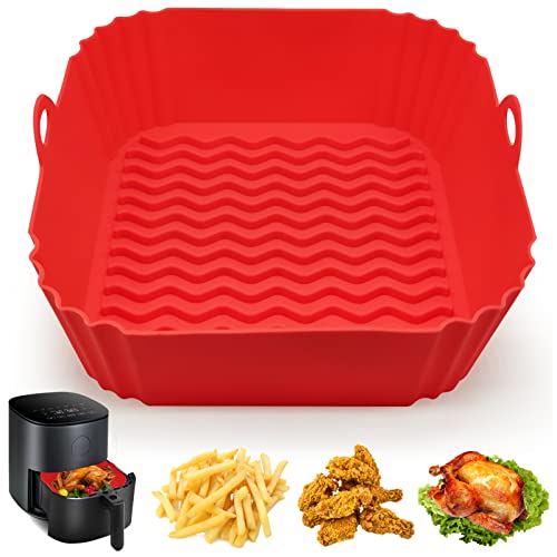 Square Air Fryer Silicone Pot, 8 Inch Reusable Heat Resistant Food Grade Silicone Air fryer Liners Inserts Baskets Bowl Accessories for COSORI Instant Vortex CHEFMAN 4 to 7 QT Air Fryer Oven Microwave