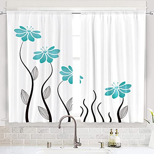 Riyidecor Teal Flower Kitchen Curtains 55 x 39 Inch Floral Petals Rod Pocket Leaves Lines Woman Girl Plant White Silhouettes Printed Living Room Bedroom Window Drapes Treatment Fabric 2 Panels WW-TGNA