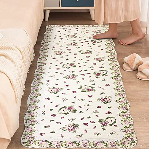 USTIDE Long Rose Rug for Bedside, Rustic Pink Buds Runner Rug, Quilted Cotton Area Rug for Bedroom Hallway, Machine Washable and Easy Care (23.6''X70.8'')