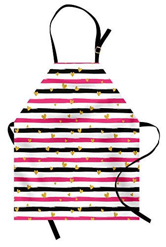 Lunarable Valentines Day Apron, Romantic Teenager Love Sign Hearts on Grunge Stripes Lines, Unisex Kitchen Bib with Adjustable Neck for Cooking Gardening, Adult Size, White Pink