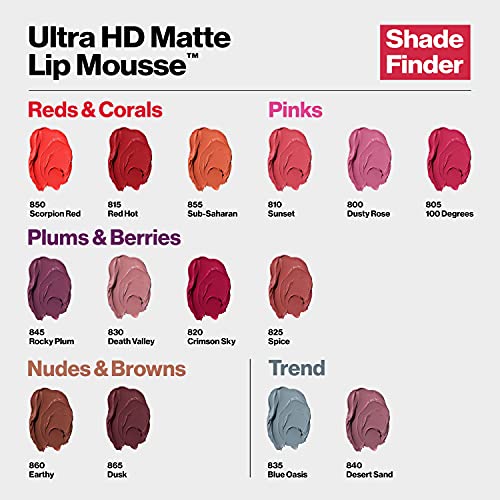 REVLON Ultra HD Lip Mousse Hyper Matte, Longwearing Creamy Liquid Lipstick in Nude / Brown, Dusk (865), 0.2 oz
